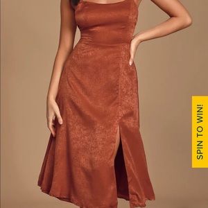 Lulus Marabel Rust Orange Satin Backless Midi Dress